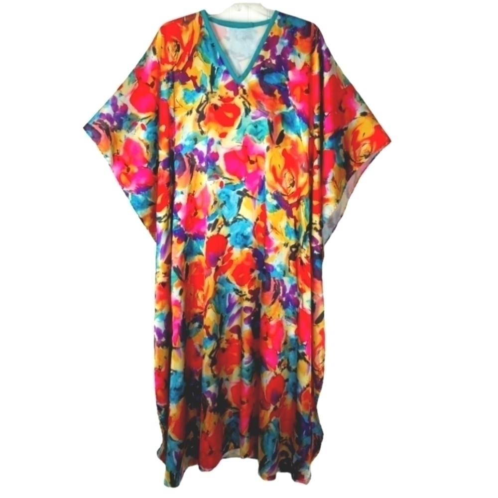 Vintage Satin Kaftan Floral Watercolor Multicolor Vibrant V Neck Loungewear Robe